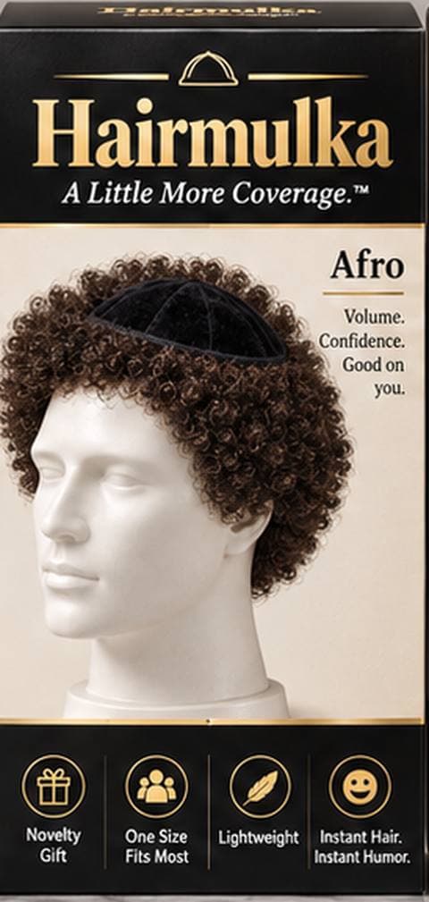 Afro Hairmulka: black velvet kippah surrounded by a full rounded curly hairstyle