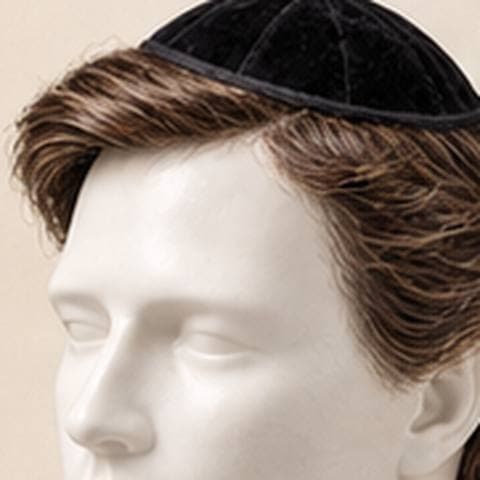 Classic Hairmulka: black velvet kippah with short brown hair around the perimeter
