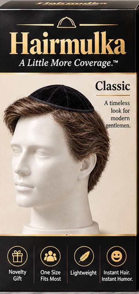 Classic Hairmulka: black velvet kippah with short brown hair around the perimeter