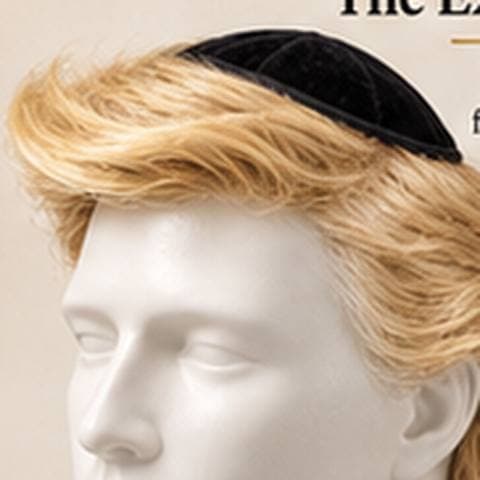 The Executive Hairmulka: black velvet kippah with swept-back blond hair