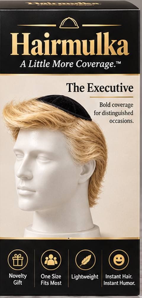 The Executive Hairmulka: black velvet kippah with swept-back blond hair
