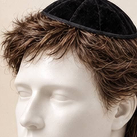 Mullet Hairmulka: black velvet kippah with short front and sides and long flowing hair in back