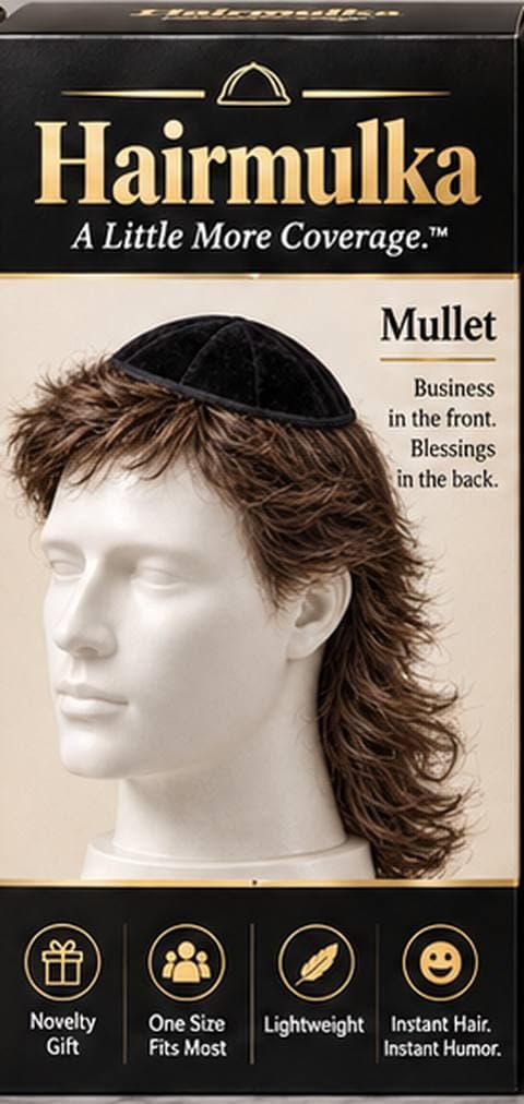 Mullet Hairmulka: black velvet kippah with short front and sides and long flowing hair in back